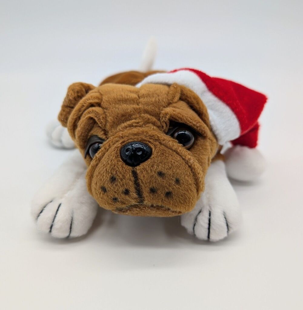 Christmas Bulldog Bean Bag Plush Stuffed Animal Toy Santa Hat 7"